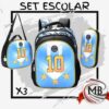 Set escolar 3 piezas celeste y blanco diseño selección número 10 con mochila de espalda lunchera y cartuchera.