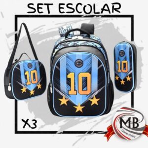 Set escolar 3 piezas diseño selección argentina color negro y celeste número 10 con mochila de espalda lunchera y cartuchera.