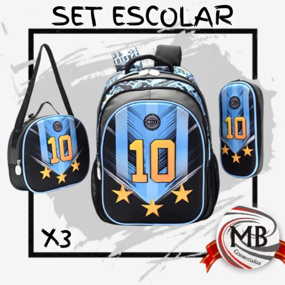 Set escolar 3 piezas diseño selección argentina color negro y celeste número 10 con mochila de espalda lunchera y cartuchera.