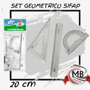 "Juego de geometría técnico de 3 piezas con regla graduada de 20 cm, escuadra y transportador de material resistente. Stock masivo para venta mayorista en toda la Argentina distribuido por MB Comercializa."