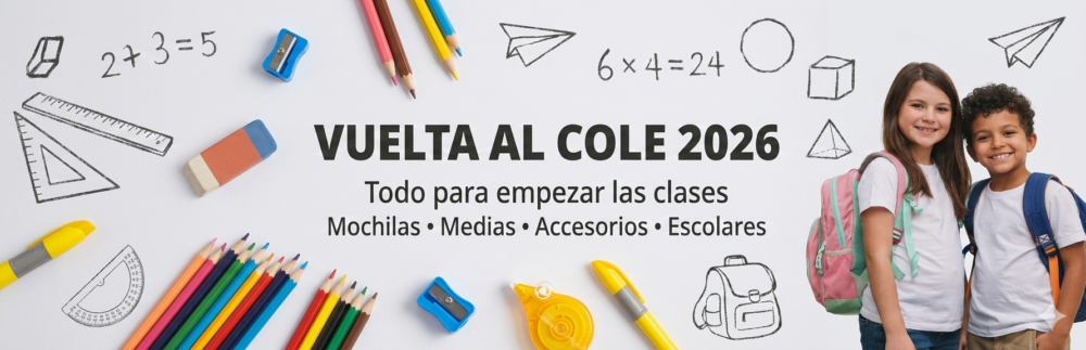 Banner promocional Vuelta al Cole 2026 con mochilas, útiles escolares, medias y accesorios de librería.