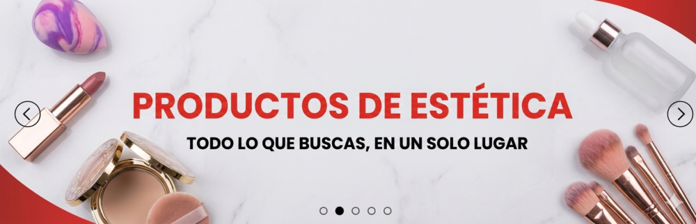 Banner de productos de estética y belleza con brochas de maquillaje, esmaltes y accesorios profesionales.