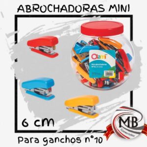Abrochadoras mini 6 cm para ganchos numero 10 venta por mayor Argentina MB Comercializa. Abrochadora de bolsillo escolar oficina distribucion mayorista nacional colores surtidos.