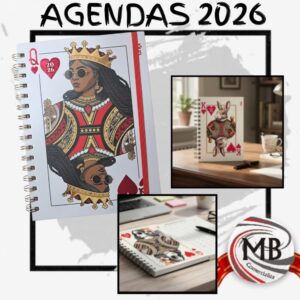 Agendas 2026 por mayor en Argentina de MB Comercializa, diseño artístico temática naipes y figuras reales, encuadernación anillada A5 premium para distribución nacional.