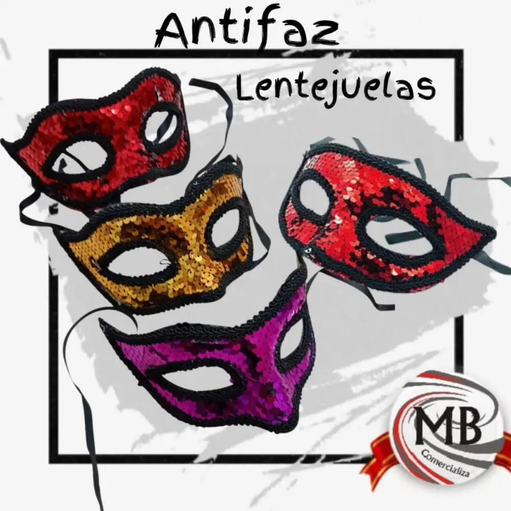 Antifaces de lentejuelas surtidos para cotillón carioca: Venta por mayor en toda Argentina exclusivamente a través de la distribuidora MB Comercializa. Stock mayorista disponible con envíos rápidos a todas las provincias.