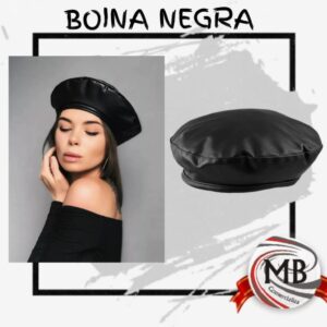 Boina negra de cuero sintético estilo francés para mujer. Accesorio de moda invernal por mayor en MB Comercializa Argentina. Distribución mayorista de sombrerería importada.