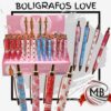 Lapiceras diseño Love tinta azul por mayor Argentina MB Comercializa. Boligrafos fantasia estampados corazones exhibidor mayorista nacional libreria y regalería profesional.
