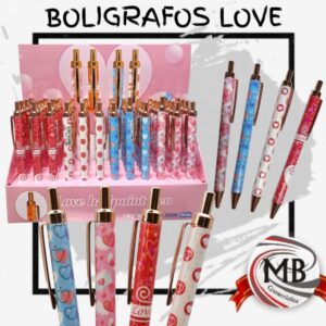 Lapiceras diseño Love tinta azul por mayor Argentina MB Comercializa. Boligrafos fantasia estampados corazones exhibidor mayorista nacional libreria y regalería profesional.