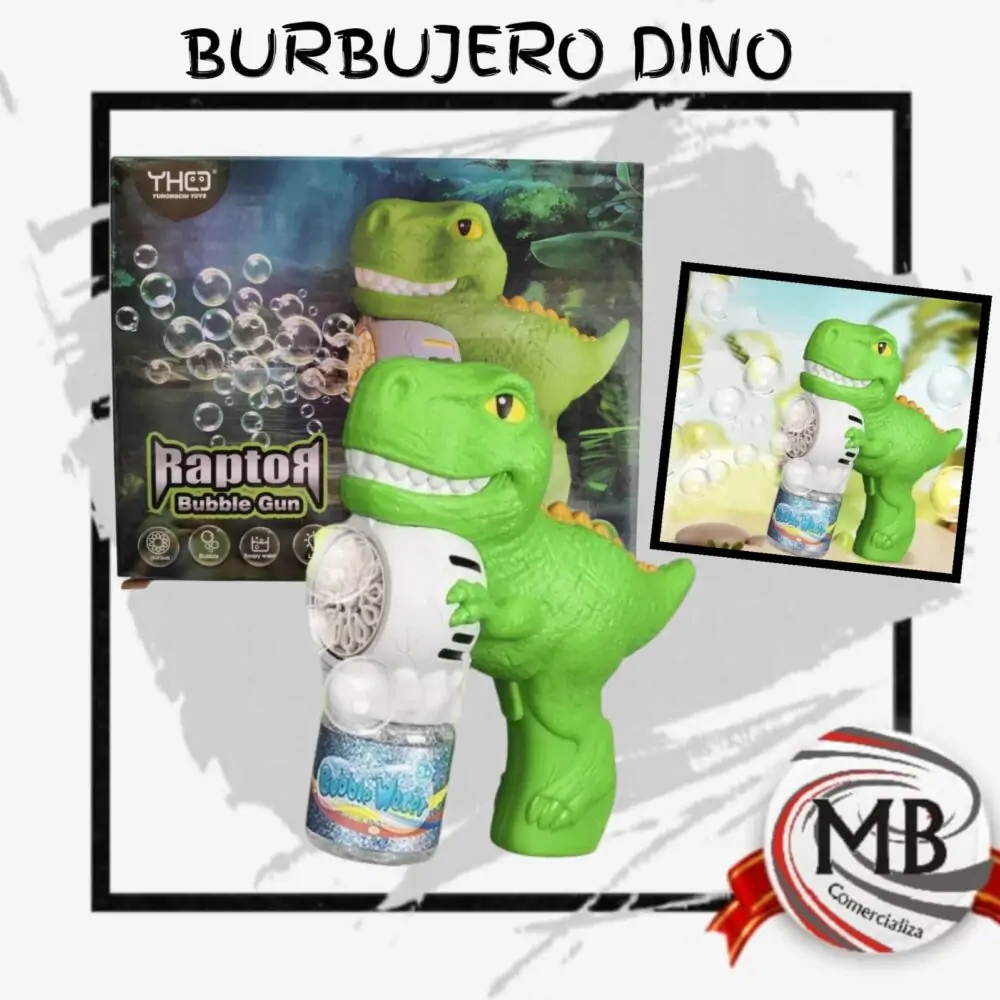 "Burbujero de dinosaurio por mayor Argentina: Juguete lanzador de burbujas Raptor Bubble Gun. Distribuidor mayorista de juguetería con despacho nacional en 48 horas y precios directos de importación para locales y revendedores."