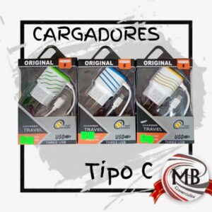 Kit de cargadores de pared con cable USB Tipo C y tres puertos de carga rápida en colores verde, azul y amarillo para venta mayorista con despacho a todo el país - MB Comercializa.