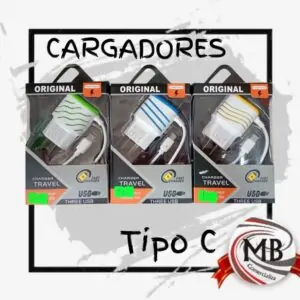Kit de cargadores de pared con cable USB Tipo C y tres puertos de carga rápida en colores verde, azul y amarillo para venta mayorista con despacho a todo el país - MB Comercializa.