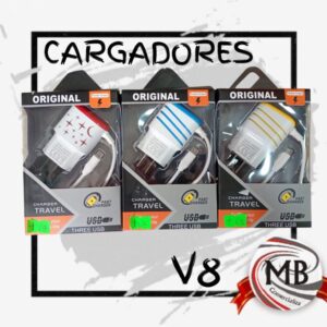 Kit de cargadores de pared con cable USB V8 (Micro USB) y tres puertos de carga rápida en colores surtidos para venta mayorista en Argentina - Distribución MB Comercializa.