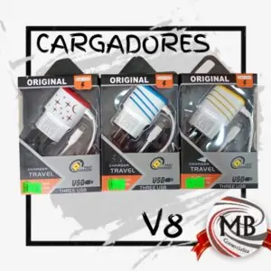 Kit de cargadores de pared con cable USB V8 (Micro USB) y tres puertos de carga rápida en colores surtidos para venta mayorista en Argentina - Distribución MB Comercializa.