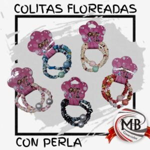 Colitas para el cabello con diseño floreado y detalle de perla. Venta por mayor en toda la Argentina a través de MB Comercializa.