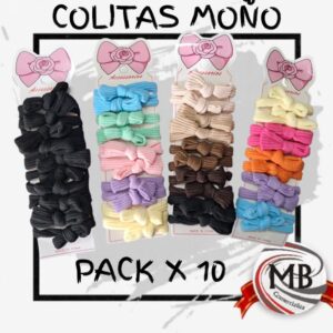 Pack de 10 colitas para el cabello con diseño de moño en colores surtidos. Accesorios infantiles de alta calidad. Suministro mayorista en toda Argentina por MB Comercializa con stock inmediato, precios directos de fábrica y envíos rápidos en 48 horas.