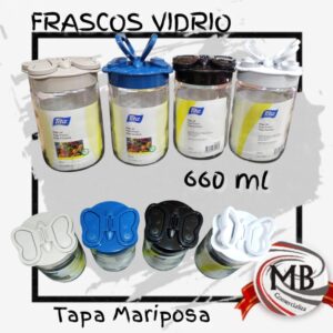 Frascos de vidrio de 660 ml con tapa plástica diseño mariposa. Venta por mayor en Argentina por MB Comercializa, tu proveedor de confianza.
