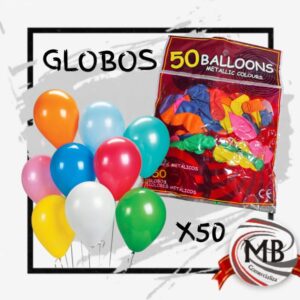 Pack de 50 globos de látex en colores metalizados surtidos para decoración de fiestas y eventos - Distribución mayorista MB Comercializa.