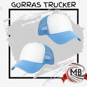Gorras trucker combinadas celeste y blanco con red. Indumentaria promocional para eventos en Argentina. Distribución mayorista por MB Comercializa con stock disponible, precios directos y despachos rápidos en 48 horas.