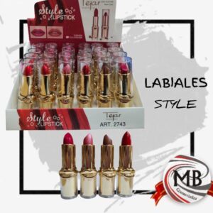 Labial Tejar Style Art. 2743 en envase dorado de lujo, tono rojo intenso y acabado profesional - Distribución mayorista MB Comercializa.