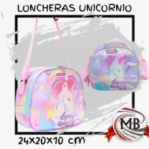 "Lonchera térmica con diseño de unicornio fantástico en tonos rosa y violeta, medidas 24x20x10 cm. Bolso porta alimentos de estética juvenil para distribución mayorista en Argentina a través de MB Comercializadora. Producto genérico de alta demanda para revendedores y comercios."