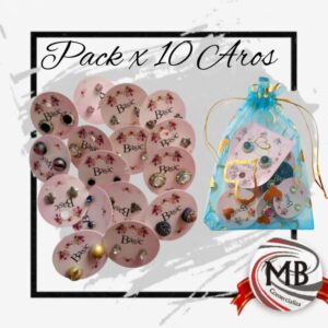 Pack mayorista de 10 pares de aros de diseño surtidos en exhibidores individuales con bolsa de organza. Joyería de moda de MB Comercializa con envío rápido 48hs a todo el país y precios directos de fábrica en Argentina.