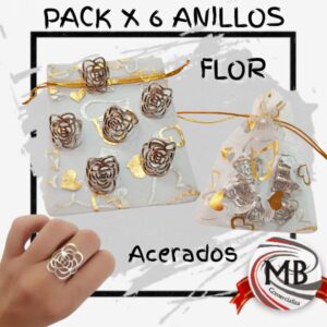 Pack mayorista de anillos flor acerados con bolsa de organza, joyería de acero por mayor en Argentina de MB Comercializa, accesorios para revendedores con envío nacional.
