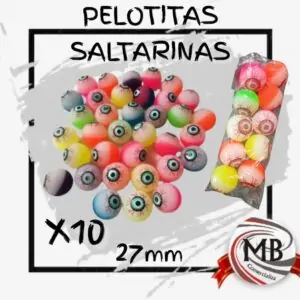 Pack x10 Pelotitas Saltarinas de 27mm con diseño de ojitos. Venta mayorista en toda la Argentina a través de MB comercializa.com.ar. Precios directos de fábrica y despacho rápido en 48 horas. Ideal para revendedores, cotillón y jugueterías.