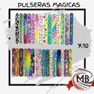 Pack de pulseras mágicas con resorte automático y diseños coloridos surtidos para cotillón y reventa. Distribución mayorista MB Comercializa.