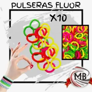 Pack de 10 pulseras resorte flúor en colores neón para cotillón. Distribuidor mayorista MB Comercializa con alcance a toda la Argentina. Precios competitivos por volumen y logística de despacho en 48 horas.