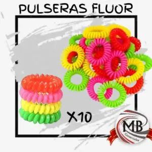 Pack de 10 pulseras resorte flúor en colores neón para cotillón. Distribuidor mayorista MB Comercializa con alcance a toda la Argentina. Precios competitivos por volumen y logística de despacho en 48 horas.