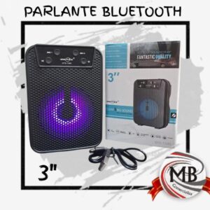 "Parlante portátil inalámbrico de 3 pulgadas con luz LED, cable de carga y caja original. Venta mayorista de electrónica en Argentina por MB Comercializa."