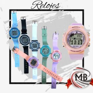 Venta de relojes digitales deportivos por mayor en Argentina. Catálogo mayorista de MB Comercializa con precios directos de fábrica, modelos resistentes al agua en colores pasteles y negros. Despacho garantizado en 48 horas a todas las provincias.