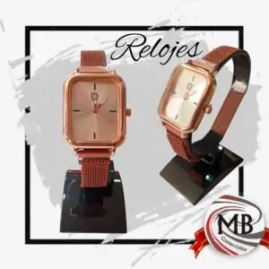 Relojes de malla imantada por mayor en Argentina. MB Comercializa: relojes femeninos elegantes con caja cuadrada rose gold, venta mayorista con precios directos de fábrica y despacho en 48 horas a todo el país.