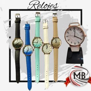 "Relojes pulsera para mujer por mayor con mallas de cuero sintético en tonos pasteles, azul degradado y colores tierra. Compra mayorista en Argentina por MB Comercializa con precios directos de fábrica, despacho prioritario y entrega federal en 48 horas."