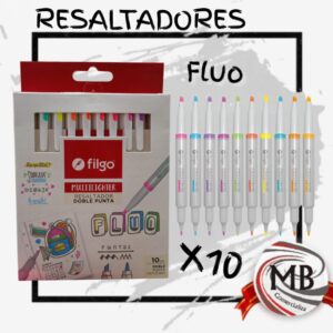 Marcadores resaltadores doble punta fluo set x10 unidades. Venta por mayor de utiles escolares en toda Argentina a traves de MB Comercializa distribuidor nacional.