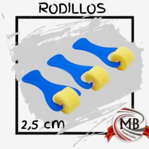 Set de rodillos de espuma de 2,5 cm con mango azul para manualidades y pintura escolar. Venta mayorista en toda Argentina distribuido por MB Comercializa.