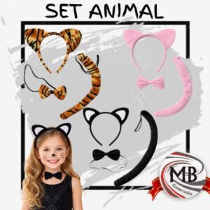 Sets de disfraces animales x3 piezas con vincha, moño y cola. Modelos de tigre y gatito. Provisión mayorista en Argentina por MB Comercializa con stock permanente, precios de escala y despachos rápidos en 48 horas.