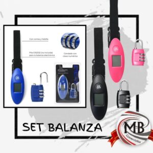 Kit de viaje que incluye balanza digital de mano para valijas con correa de alta resistencia y candado de seguridad con combinación numérica. Disponible en colores azul, rosa y negro. Venta por mayor en toda Argentina por MB Comercializa.