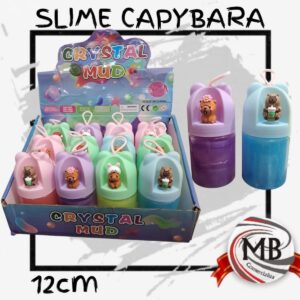"Slime Crystal Mud de 12cm en envase cilíndrico con figura de carpincho capybara decorativa. Venta por mayor de masas elásticas sensoriales en toda Argentina a través de MB Comercializa. Distribuidora mayorista de juguetería con envíos nacionales."