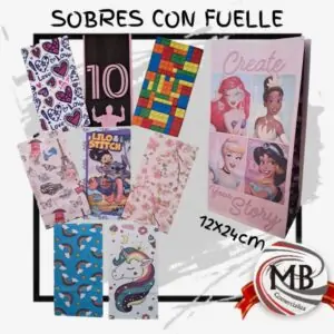 Sobres de papel con fuelle 12x24 cm con diseños infantiles y variados MB Comercializa venta por mayor Argentina