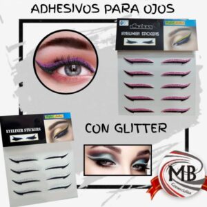 Stickers adhesivos para delineado de ojos con glitter por mayor. MB Comercializa: precios directos de fábrica en Argentina con despacho rápido en 48hs. La mejor opción mayorista para revendedores de maquillaje y estética.