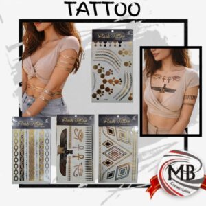 Tatuajes temporales dorados y plateados por mayor. MB Comercializa: precios directos de fábrica en Argentina con despacho en 48hs. Ideal para revendedores de accesorios y artículos de moda.