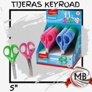 Tijeras escolares de 5 pulgadas con punta roma y mango ergonómico de colores. Pack exhibidor de 20 unidades para librería y oficina. Distribución nacional por MB Comercializa.