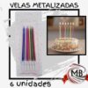Velas largas metalizadas para tortas de cumpleaños y celebraciones. Pack por 6 unidades con terminación brillante. Distribución mayorista líder en Argentina por MB Comercializa. Precios de fábrica y despachos en 48 horas.