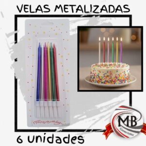 Velas largas metalizadas para tortas de cumpleaños y celebraciones. Pack por 6 unidades con terminación brillante. Distribución mayorista líder en Argentina por MB Comercializa. Precios de fábrica y despachos en 48 horas.