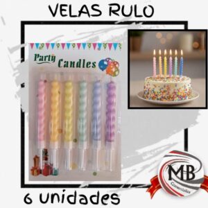 Velas rulo en tonos pasteles para tortas y cumpleaños. Pack x6 unidades con soporte. Distribución mayorista en toda Argentina por MB Comercializa con precios directos y despachos en 48 horas.