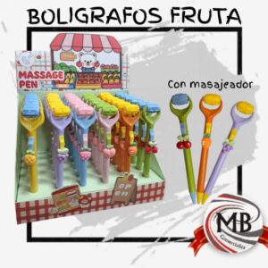 Boligrafos fruta con masajeador tinta azul venta por mayor Argentina MB Comercializa. Lapicera massage pen diseño frutas exhibidor distribucion mayorista nacional regalería escolar.