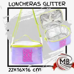 Lonchera térmica con glitter brillante y correa ajustable, medidas 22x16x16 cm. Ideal para viandas escolares y reventa. Venta por mayor en toda Argentina exclusivamente a través de MB Comercializa. Distribuidora líder de artículos de bazar y librería.