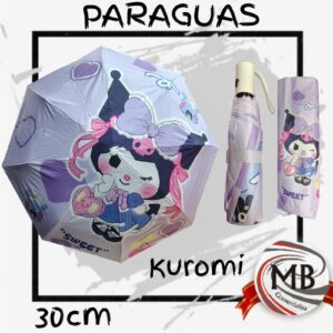 Paraguas plegable infantil y juvenil kuromi sanrio 30cm compacto con funda protectora e impermeabilidad reforzada proteccion lluvia y viento color lila violeta bazar regaleria accesorios de moda venta mayorista MB Comercializa.