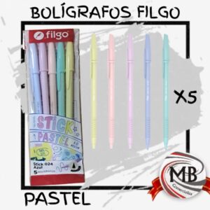Set de 5 bolígrafos retractiles tonos pastel con tinta azul. Lapiceras de diseño ergonómico para escritura suave. Distribución mayorista en toda Argentina por MB Comercializa.